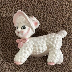 Vintage Ceramic Lamb Figurine with Pink Accents